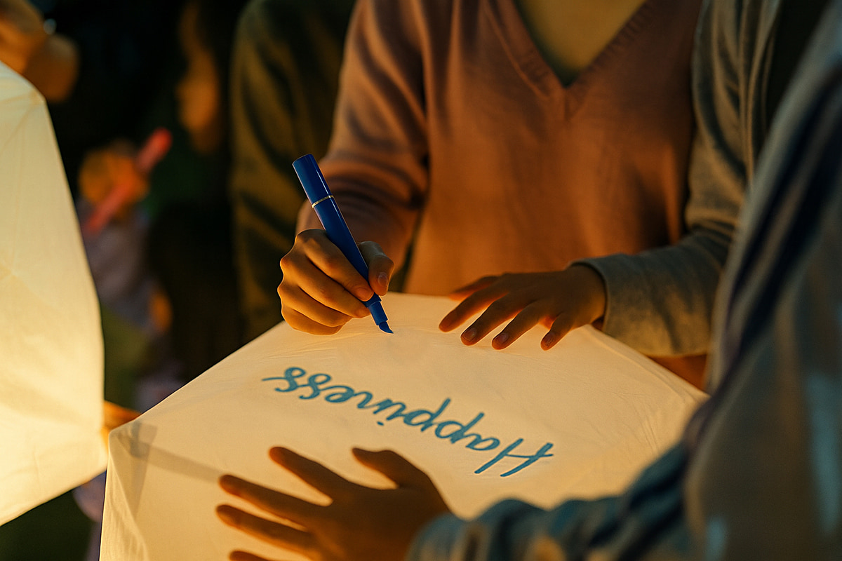 ランタンに言葉を書き込む様子