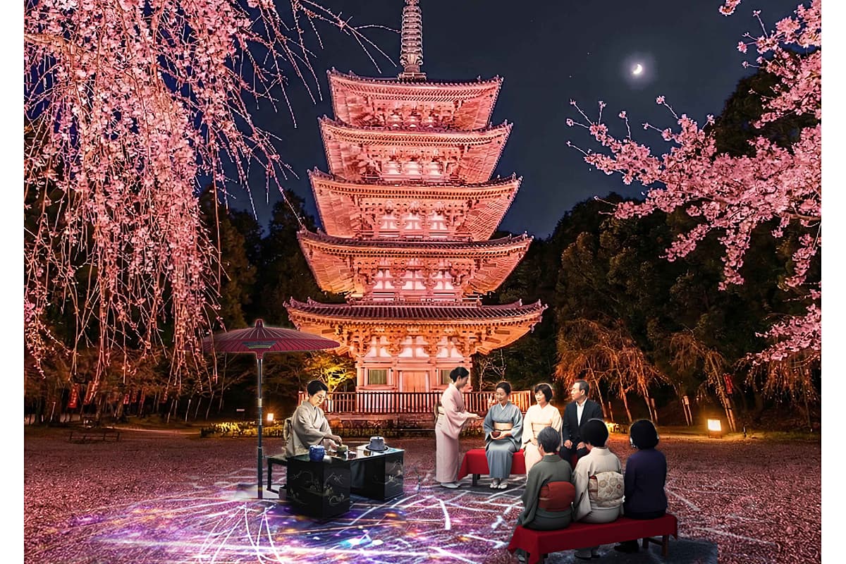 国宝五重塔の前での茶席