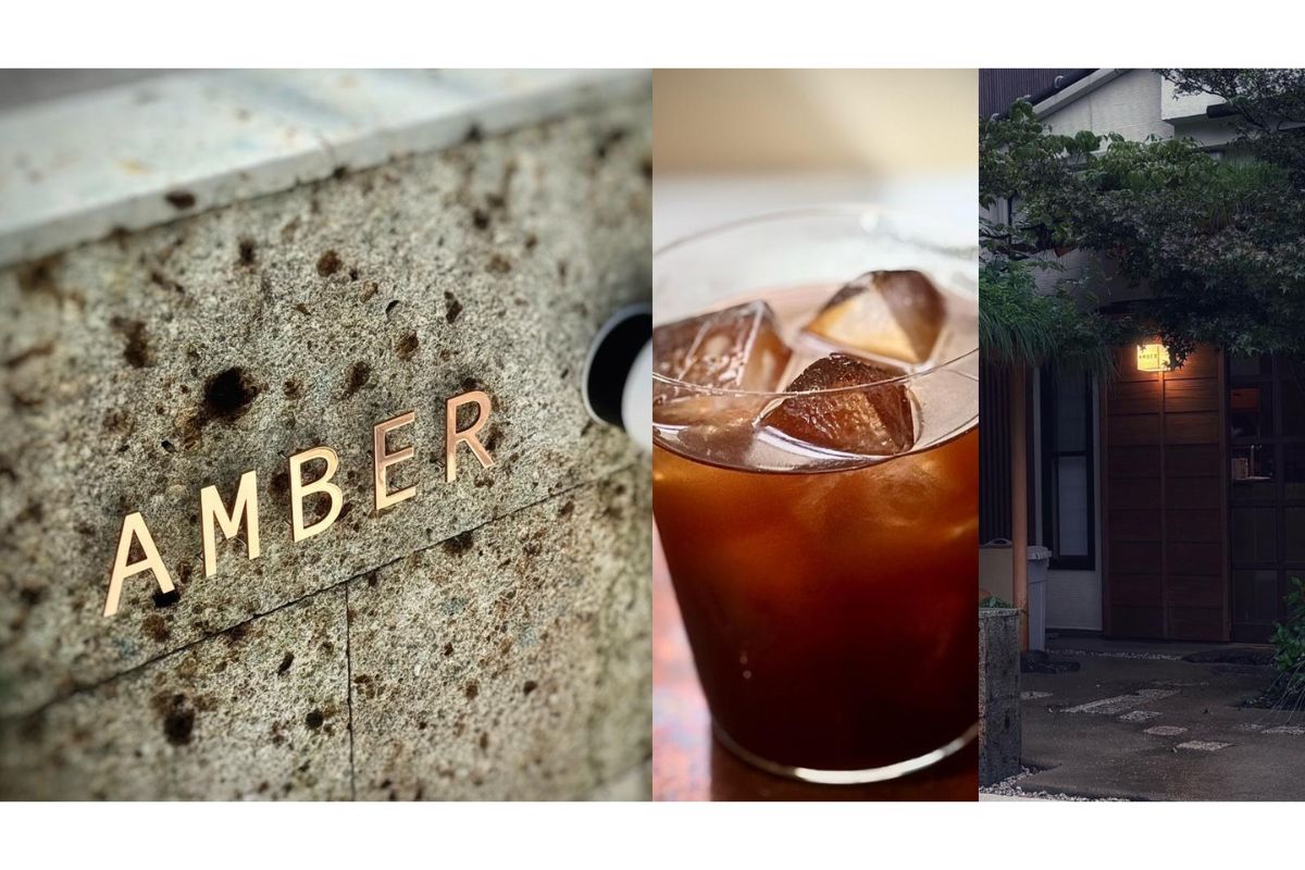 アンバー琥珀の店舗名入りのオブジェやコーヒー